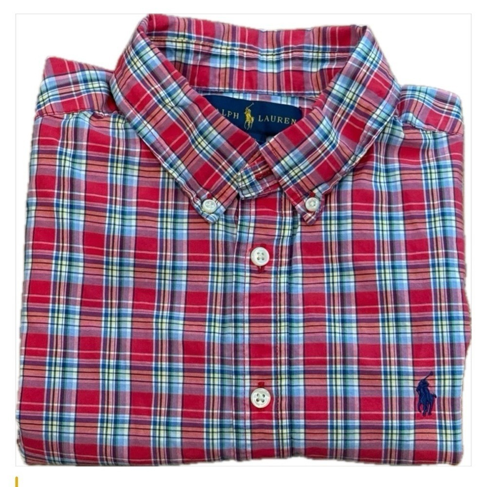 Ralph Lauren Red Tartan Plaid Button Short Sleeve Shirt Boy's Sz Large 14-16 EUC